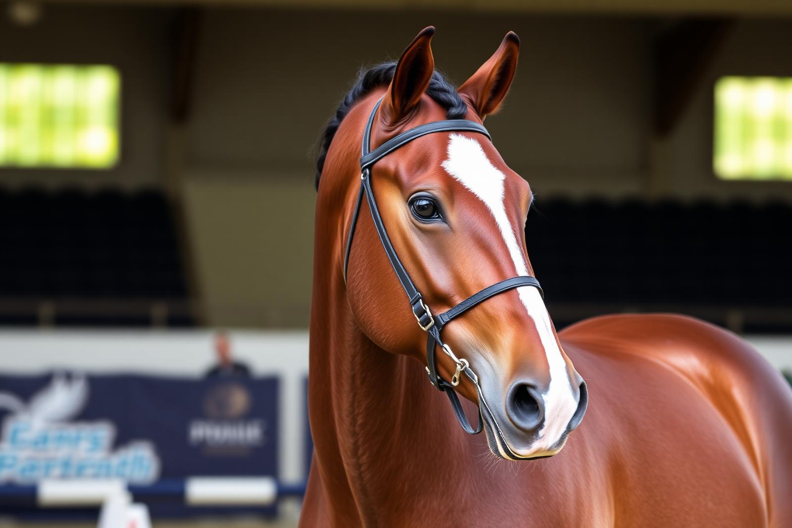 Cheval de sport bai prêt pour un concours