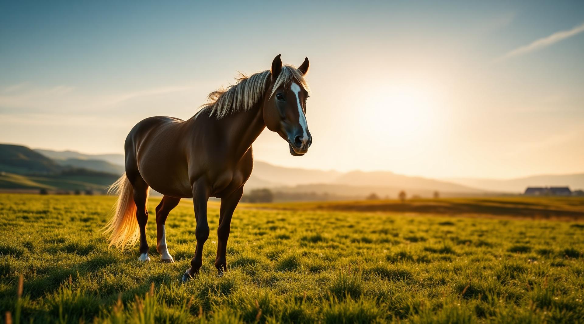 Cheval Comtois dans la campagne de Franche-Comté au lever du soleil