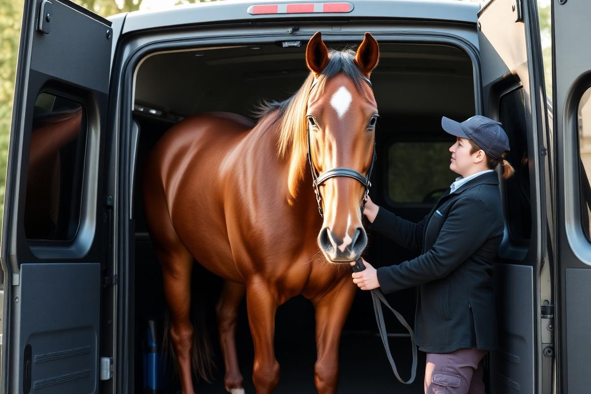 Chargement d'un cheval dans un van de transport